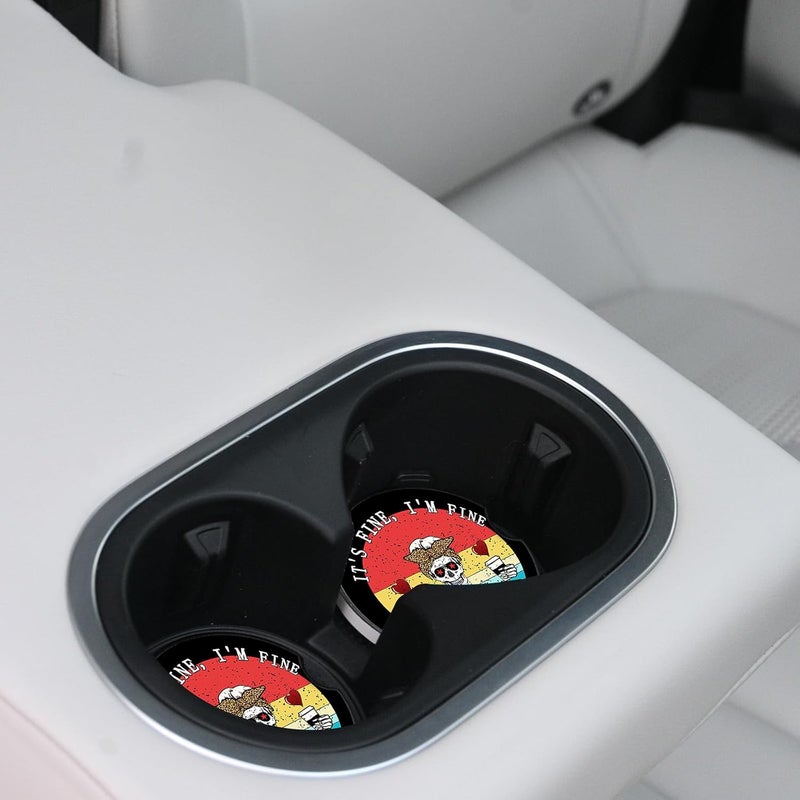 Adastrah Funny Skull with Coffee Ceramic Cup Holders Car Coasters Set for Women/Men,2.56" 2 Pack for Absorbent Cup Car Holders, Coasters with A Finger Notch - Image 4